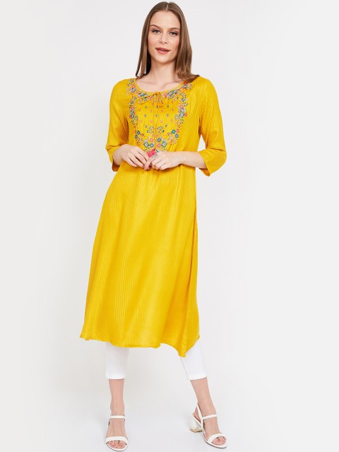 Melange by Lifestyle Women Mustard Yellow Embroidered A-Line Kurta
