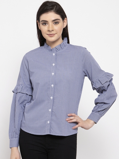 

armure Women Blue & White Regular Fit Checked Casual Shirt