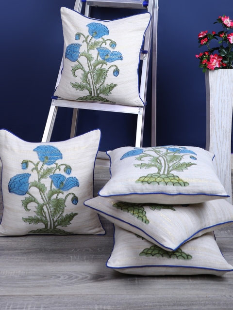 Rajasthan Decor Off-White & Blue Set of 5 Floral Square Cushion Covers
