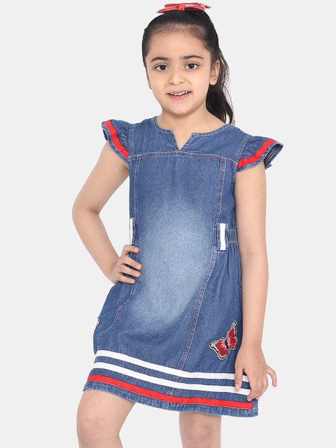 

naughty ninos Girls Blue Solid Denim Fit and Flare Dress