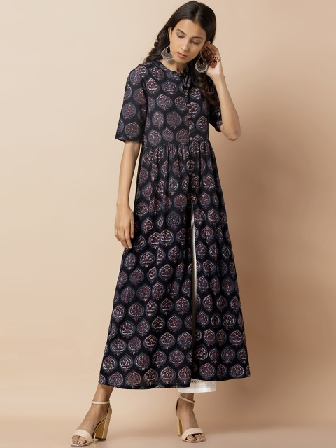 

INDYA Women Black & Maroon Printed A-Line Kurta