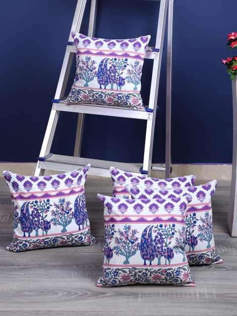 

Rajasthan Decor White & Purple Set of 5 Ethnic Motifs Square Cushion Covers
