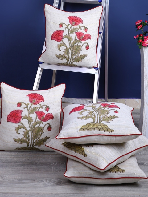 

Rajasthan Decor Off-White & Pink Set of 5 Floral Square Cushion Covers