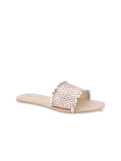 

Burloe Women Gold-Toned Woven Design Leather Open Toe Flats