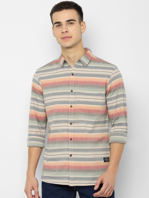 

People Men Beige & Grey Regular Fit Striped Casual Shirt