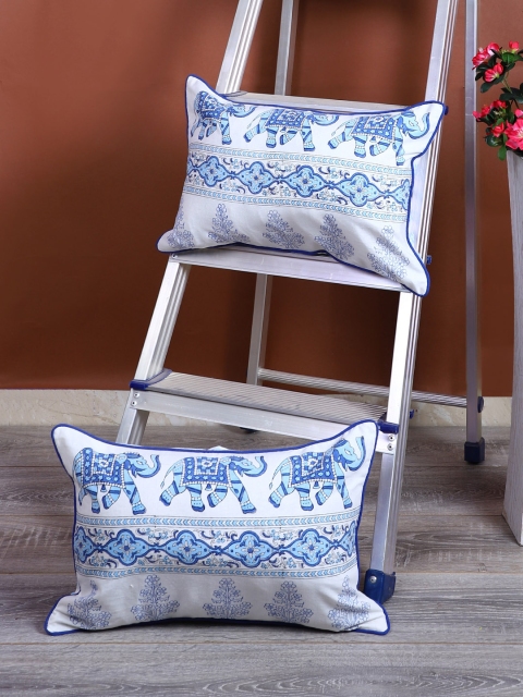

Rajasthan Decor White & Blue Set of 2 Ethnic Motifs Rectangle Cushion Covers
