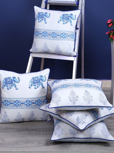 

Rajasthan Decor White & Blue Set of 5 Ethnic Motifs Square Cushion Covers