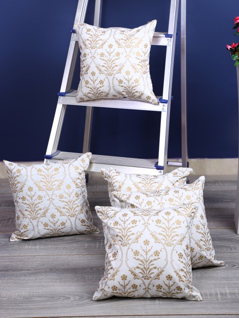 

Rajasthan Decor White & Gold-Coloured Set of 5 Ethnic Motifs Square Cushion Covers
