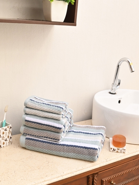 

Avira Home Unisex Set Of 5 Green & White Textured Striped 550 GSM Bath Towels