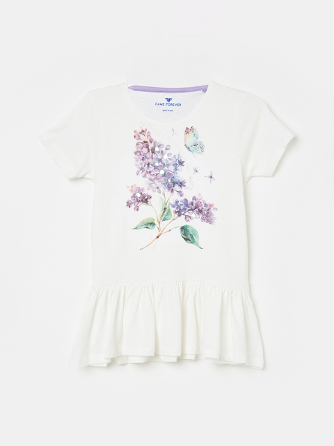 

Fame Forever by Lifestyle Girls Off-White Printed Knitted Peplum Pure Cotton Top