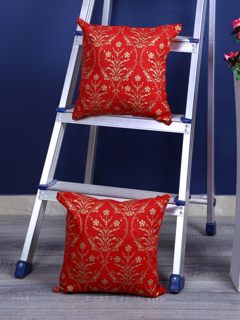 Rajasthan Decor Red & Gold-Toned Set of 2 Ethnic Motifs Square Cushion Covers