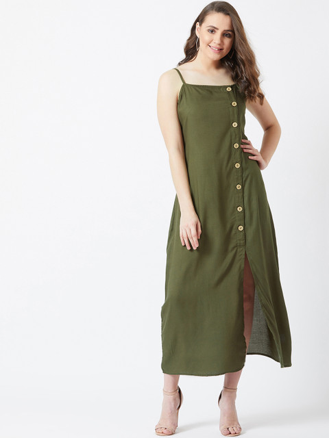 

The Dry State Women Olive Green Solid A-Line Dress