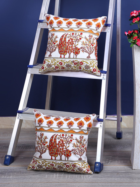 

Rajasthan Decor White & Orange Set of 2 Ethnic Motifs Square Cushion Covers