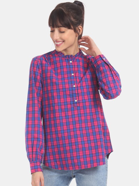 

GAP Women Blue & Pink Regular Fit Checked Casual Shirt