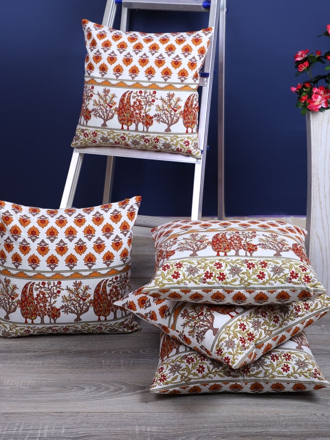 

Rajasthan Decor White & Orange Set of 5 Ethnic Motifs Square Cushion Covers