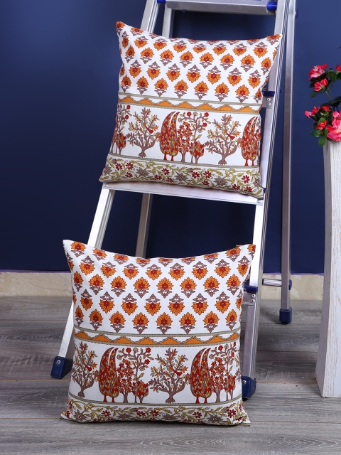

Rajasthan Decor White & Orange Set of 2 Ethnic Motifs Square Cushion Covers