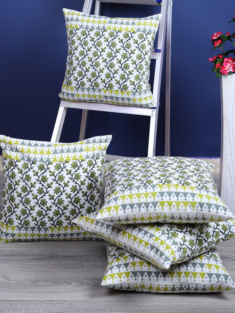 

Rajasthan Decor White & Green Set of 5 Floral Square Cushion Covers
