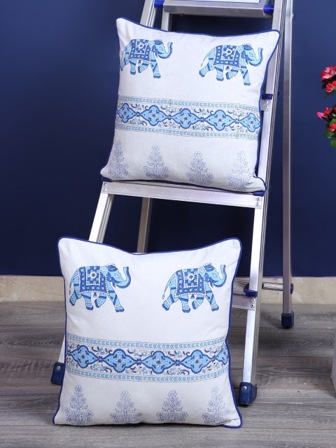 

Rajasthan Decor White & Blue Set of 2 Ethnic Motifs Square Cushion Covers