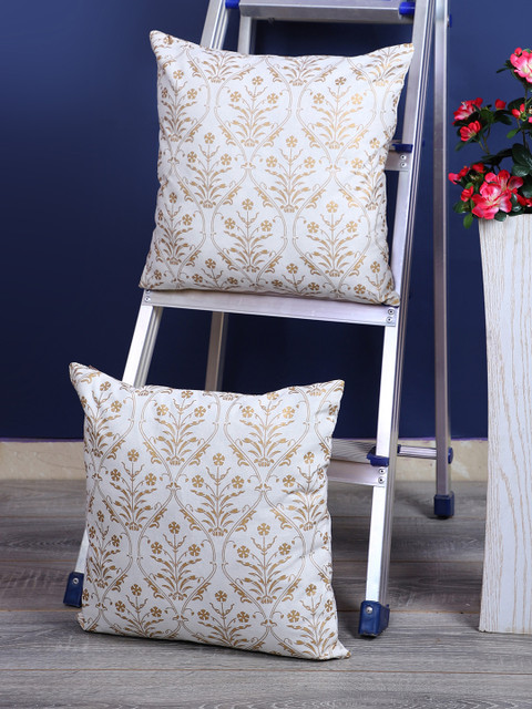 

Rajasthan Decor White & Gold-Coloured Set of 2 Ethnic Motifs Square Cushion Covers