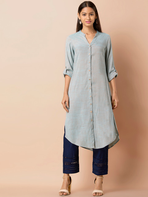 

INDYA Women Blue & Grey Solid A-Line Kurta