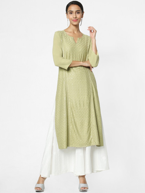 

Naari Women Green Embroidered A-Line Kurta