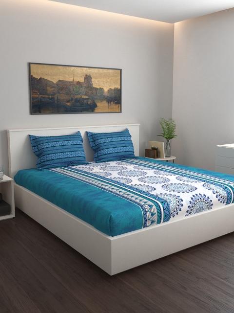 

GRES HOME Blue & White Geometric 120 TC Cotton 1 Queen Bedsheet with 2 Pillow Covers