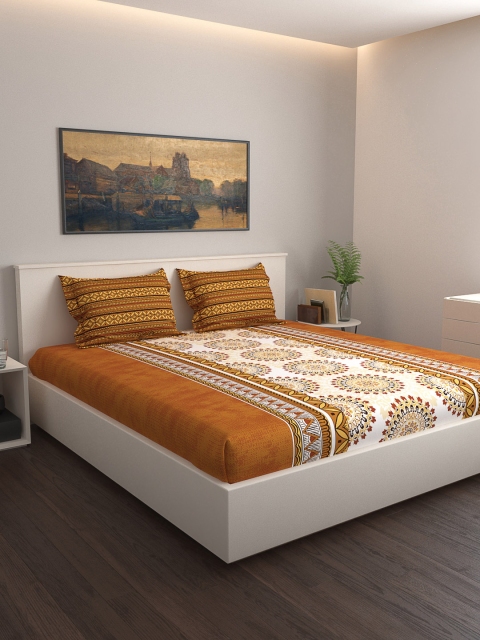 

GRES HOME Brown & White Floral 120 TC Cotton 1 Queen Bedsheet with 2 Pillow Covers