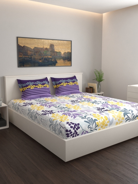 

GRES HOME White & Purple Floral 120 TC Cotton 1 Queen Bedsheet with 2 Pillow Covers