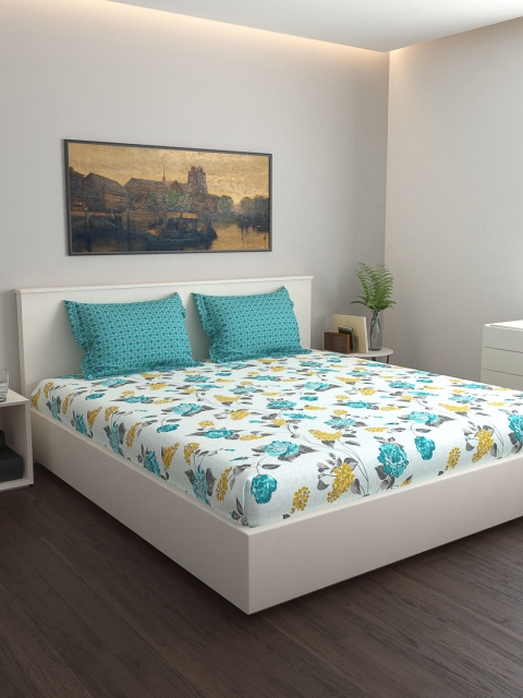 

GRES HOME Turquoise Blue & White Floral 120 TC Cotton 1 Queen Bedsheet with 2 Pillow Covers