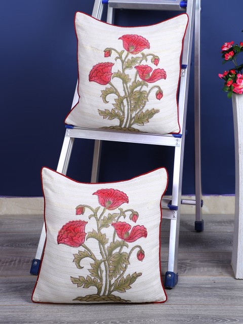 

Rajasthan Decor Off-White & Pink Set of 2 Floral Square Cushion Covers