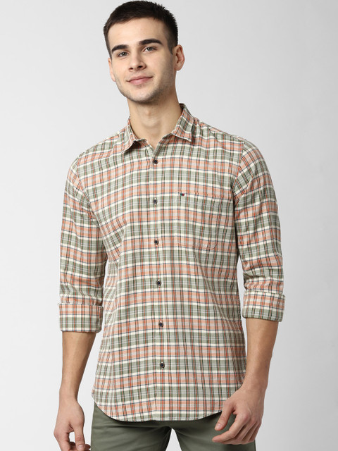 

Peter England Casuals Men Green & Peach-Coloured Slim Fit Checked Casual Shirt