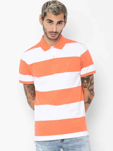 

AMERICAN EAGLE OUTFITTERS Men Orange & White Striped Polo Collar T-shirt