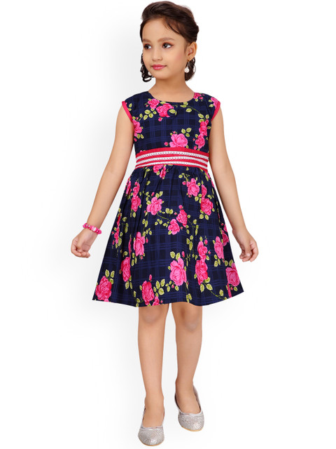 

Aarika Girls Navy Blue & Pink Printed Fit and Flare Dress