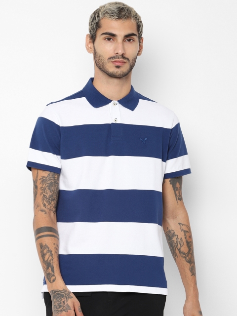 

AMERICAN EAGLE OUTFITTERS Men Blue & White Striped Polo Collar T-shirt