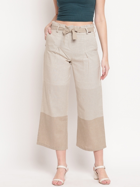 

Kvsfab Women Beige & White Regular Fit Striped Parallel Trousers