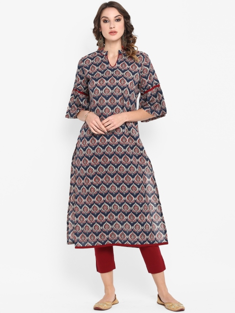 

Janasya Women Navy Blue & Maroon Printed Kurta with Trousers