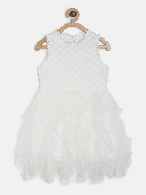 

MINI KLUB Girls White Self Design Fit and Flare Dress