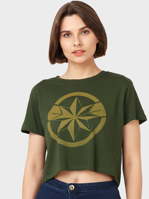 

Free Authority Women Olive Marvel Printed Crop T-shirt