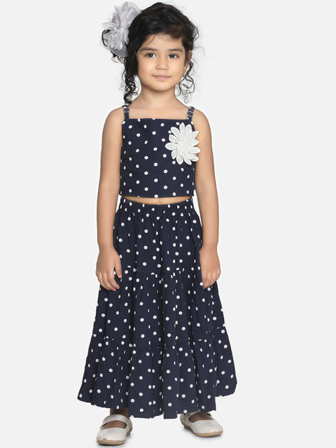 

AWW HUNNIE Girls Navy Blue & White Solid Top with Skirt
