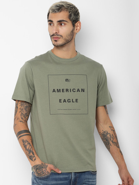 

AMERICAN EAGLE OUTFITTERS Men Olive Green Printed Round Neck T-shirt