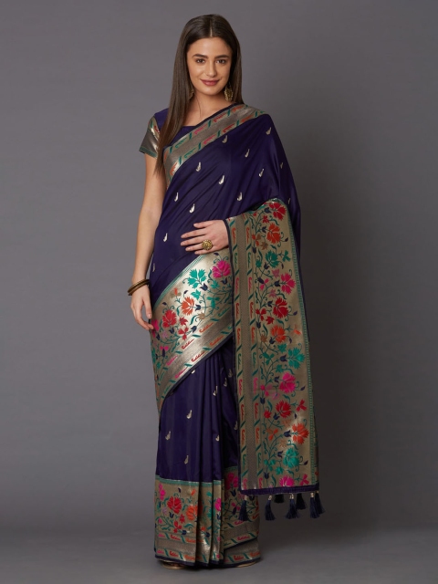 

Mitera Navy Blue & Gold-Coloured Silk Blend Woven Design Banarasi Saree