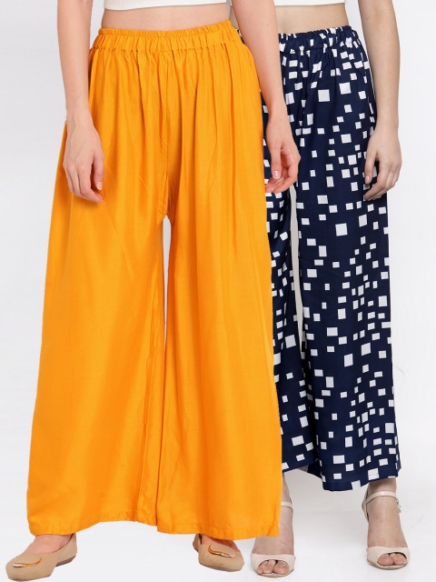 

TAG 7 Women Set of 2 Navy Blue & Yellow Printed Wide Leg Palazzos