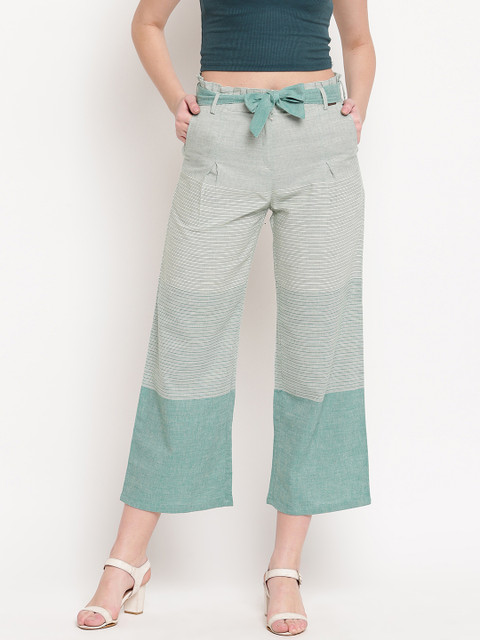 

Kvsfab Women Green & White Regular Fit Striped Parallel Trousers