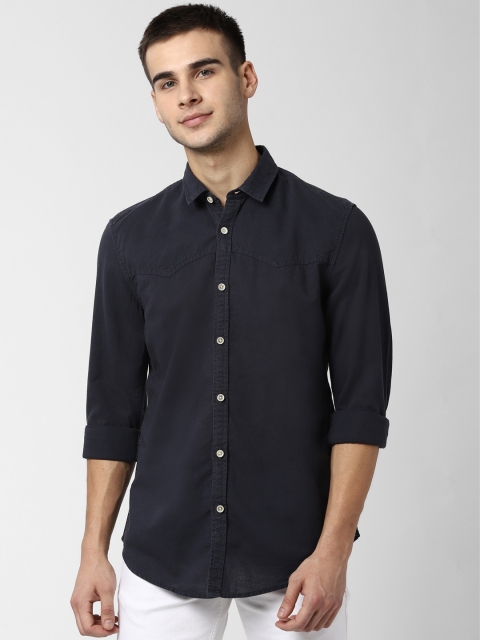 

Peter England Casuals Men Navy Blue Slim Fit Solid Cotton Linen Casual Shirt