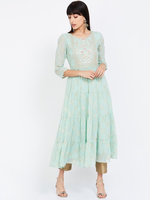 

Melange by Lifestyle Women Green & Gold-Toned Embroidered A-Line Kurta