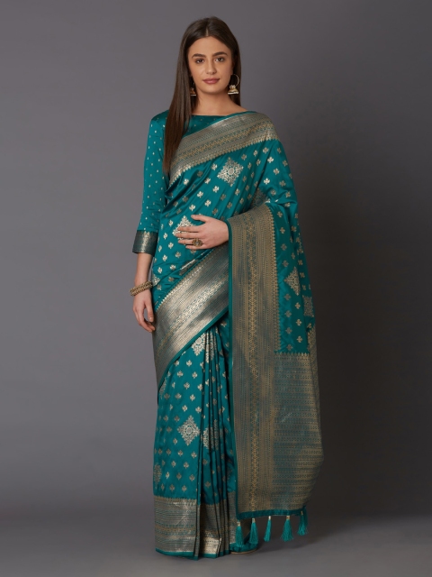 

Mitera Teal Green & Gold-Toned Silk Blend Woven Design Banarasi Saree