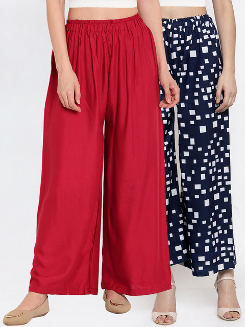 

TAG 7 Women Set of 2 Navy Blue & Maroon Wide Leg Palazzos
