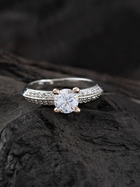 

E2O Silver-Toned & White Rhodium-Plated Stone-Studded Finger Ring