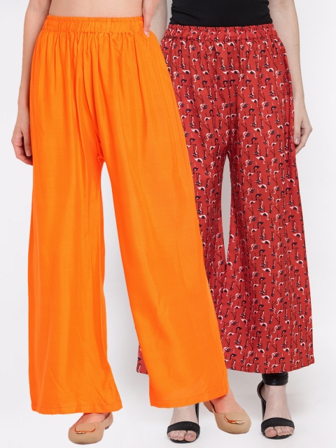

TAG 7 Women Set of 2 Red & Orange Printed Wide Leg Palazzos