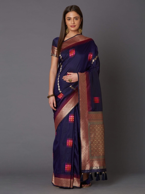 

Mitera Navy Blue & Red Silk Blend Woven Design Banarasi Saree